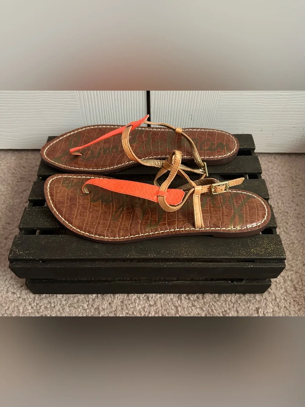 Sam Edelman Women's Orange and Tan T-Strap Sandals